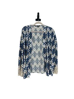 Zara Kimono Cardigan Large Blue Geometric Lace Trim Boho Open Front Cover Up